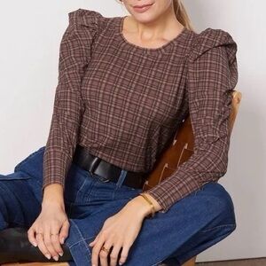 Nation Ltd Romy Puff Long Sleeve Tartan Plaid Brown